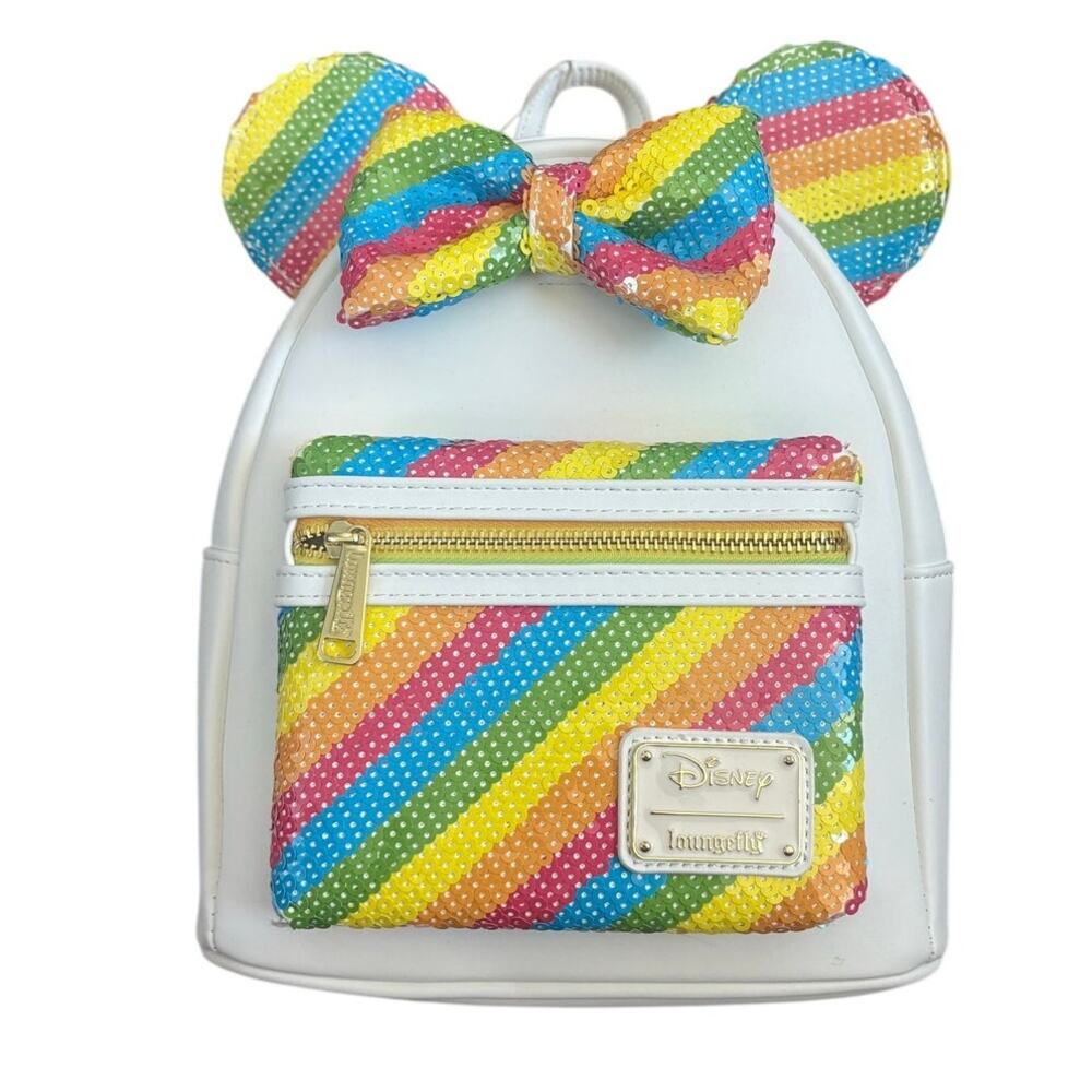 New Loungefly Sequin White Rainbow Minnie Mini Backpack